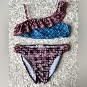 Jessica Simpson Girl’s 2 pc swimsuit. One shoulder top w/flounce. Pink/navy 16